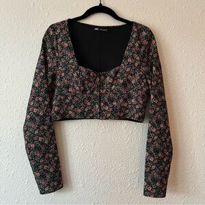 ZARA Pink Ditzy Floral Long Sleeve Corset Bustier Style Crop Top Size Small
